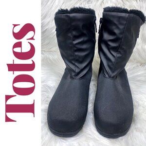 TOTES Black Mid Calf Stretchy Zippered Insulated Rain Boot Wedge, Size 8W